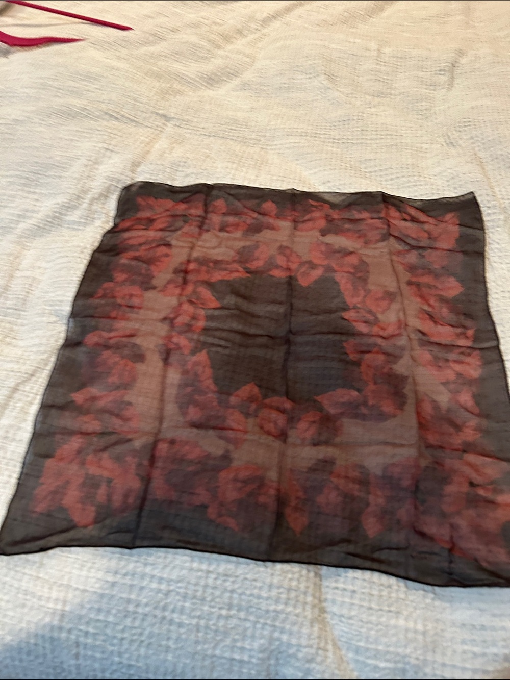 Ellen Tracy Black Sheer Scarf with Red Floral Border